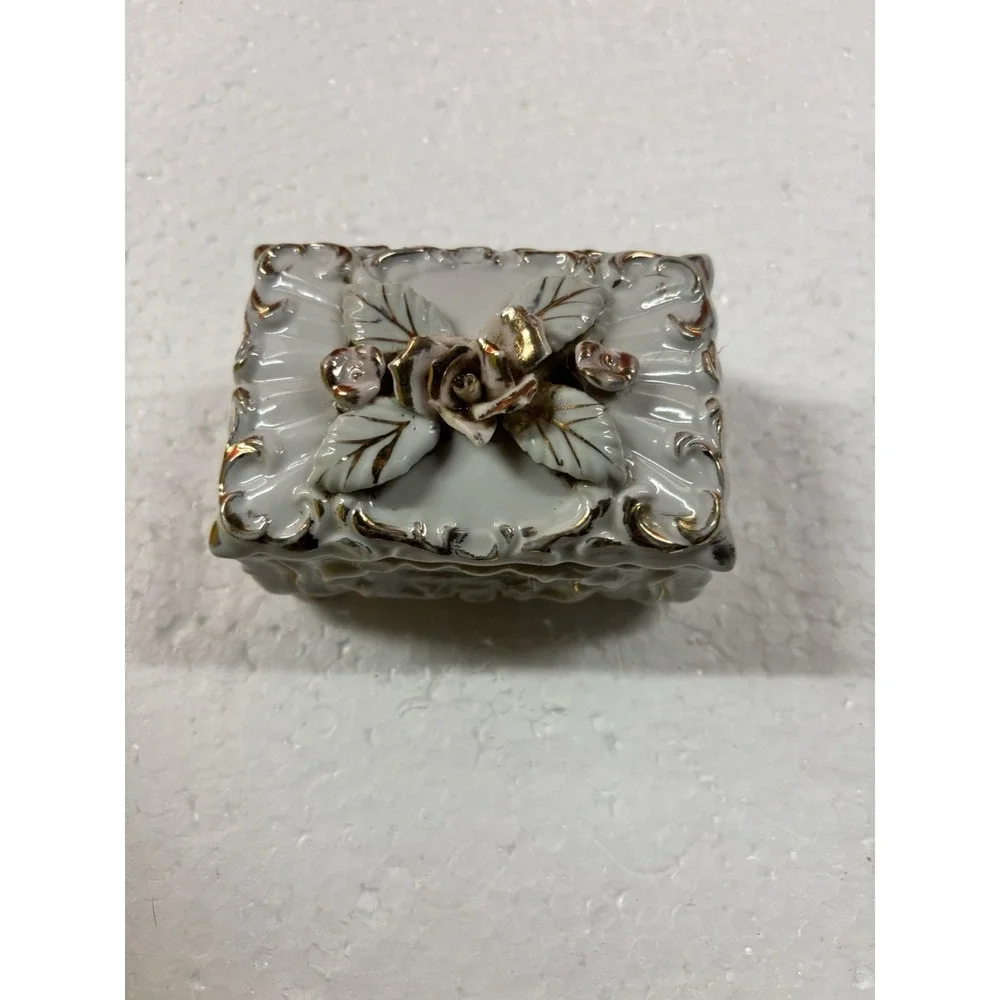 Wales Japan Vintage Porcelain White and Pink Floral Trinket Box w/ Lid & Legs